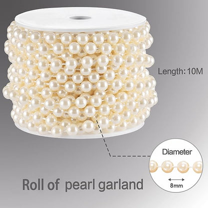 Craft String Pearls 8MM Pearl Bead, 33 Feet Ivory Faux Pearl Garland Spool Roll Strand Wedding Party Decoration, Christmas Tree Decorations