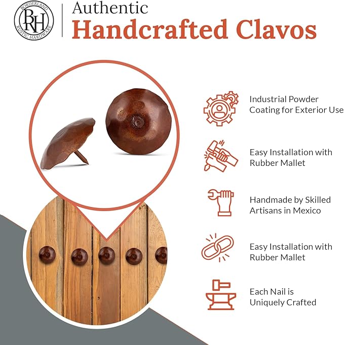 10 Pack 2" Round Head Iron Clavos Decorative Nails – Sealed Rusted – Handmade Rustic Round Fasteners for Farmhouse Shutters, Faux Wood Beams, Barn Doors, Shutters, Gates – Ornamental Wood Accent