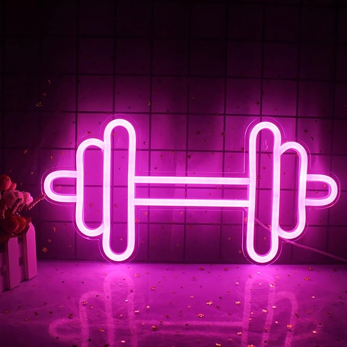 Lucunstar Gym Neon Sign,Barbell Dumbbell Shaped Neon signs Pink Neon Lights Sign Gym Wall Stickers for Fitness Club Decor LED Neon Sign for Teen Girls Teen Sports Room Game Room Decor