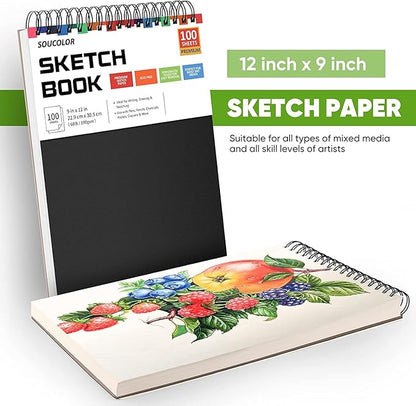 Professional Drawing Supplies for Sketch, Charcoal, Colored, Graphite, Pastel Pencils & Sticks. Soucolor 2-Pack 9" x 12" Sketch Book, 200 Sheets Spiral Bound 68lb/100gsm Paper for Kids Adults Artists