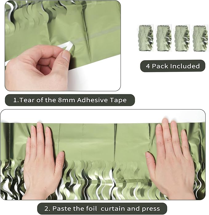 4 Pack Wavy Olive Green Streamers Backdrop Jungle Party Decorations - 3.3x6.6ft Foil Fringe Curtains Photo Booth for Dinosaur Animal St Patrick's Day Football Decor