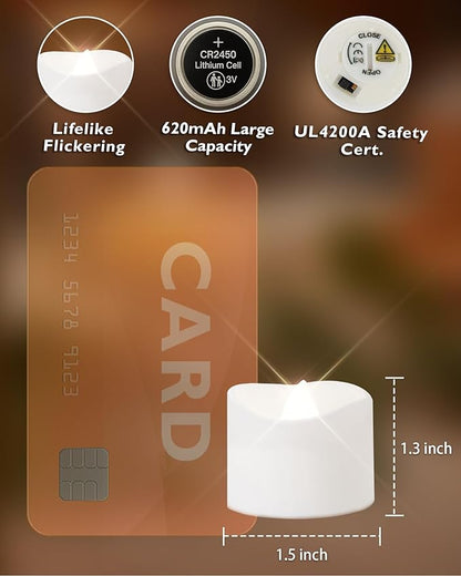 Homemory 48-Pack Cool White Novelty Flickering Flameless Tea Lights, 200+Hours Battery-Operated LED Fake Candles for Wedding Table Centerpieces,Proposal,Anniversary, White Base, Ø1.5'' × H1.3''