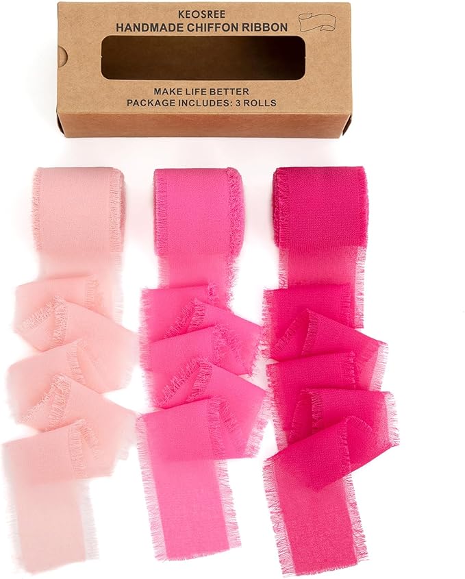 Hot Pink Pastel Pink Handmade Chiffon Ribbon,1.5" x 21Yd Frayed Silk Ribbons for Wreaths Bridal Flower Bouquet Christmas Gift Wrapping Wedding Decor Invitations Decorations (7Yards X 3 Rolls)