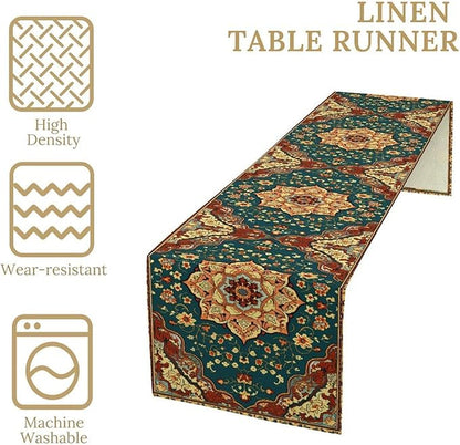 Boho Rich Table Runner, Vintage Blue Teal Gold Retro Flower Rustic Country Style Floral Print Pattern for Home Kitchen Table Decor Dining Coffee Room Garden Party Decor 13x90in