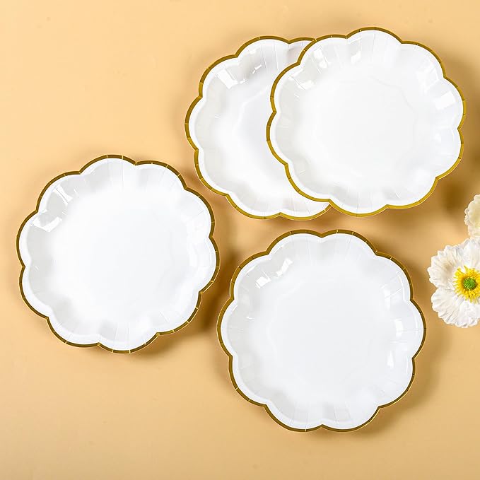 White Golden Party Plates Gold Foil Dessert Paper Plate 7inch Scalloped Edge Disposable Cake Plates for Tea Party Birthday Bridal Baby Shower Wedding Party Supplies (48, White)