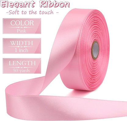 Pink Solid Satin Ribbon 1 Inch 50 Yards Solid Polyester Fabric Ribbon for Gift Wrapping Wedding Christmas Baby Shower Birthday Party Decoration Handmade Immortal Flower Craft