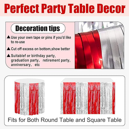 3 Pack 29x108 Inch Red Silver Foil Fringe Table Skirts Metallic Banner for Tinsel Streamer Garland Backdrop for Parade Floats Wedding Thanksgiving Birthday Christmas Halloween Party Decoration