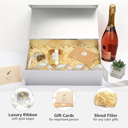 LIFELUM Gift Boxes with Lids,1 Pack 13.85 x 8.35 x 4.45 inch Silver Gift Boxes with Ribbon, Card, Shredded Paper Filler Gift Boxes for Presents,Graduation,Christmas,Birthdays