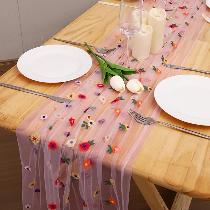 Pink Floral Table Runner 10 FT, Embroidery Daisy Table Runners Seasonal Sheer Tulle Table Runner for Thanksgiving Wedding Birthday Baby Shower Party ﻿
