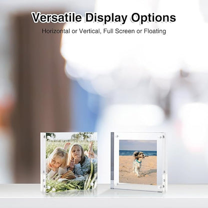 HOUSE DAY Acrylic Picture Frames 4x4, 2 Pack Magnetic 4 x 4 Picture Frame, Double Sided Clear 4x 4 Photo Frame with Microfiber Cloth, Frameless FreeStanding 4x4 Frame Gift for Desktop Display