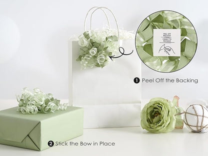 HUIHUANG Green Bows for Gift Wrapping Sage Green Gift Bows 5 inch x 8 Counts Self-Adhesive Curly Ribbon Bow for Presents, Paper Bag, Baby Shower Favors, Wrapping Accessories, Wedding Decor