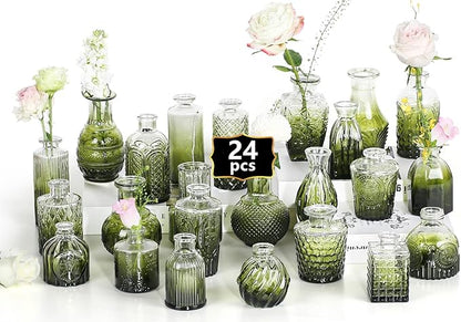 Mini Bud Vases As Wedding Centerpieces for Tables,Clear Bud Vases for Flowers,Small Flower Vases Suitable for Birthday Party,Anniversary,Wedding Reception,Baby Shower (Dark Green, 24PCS)