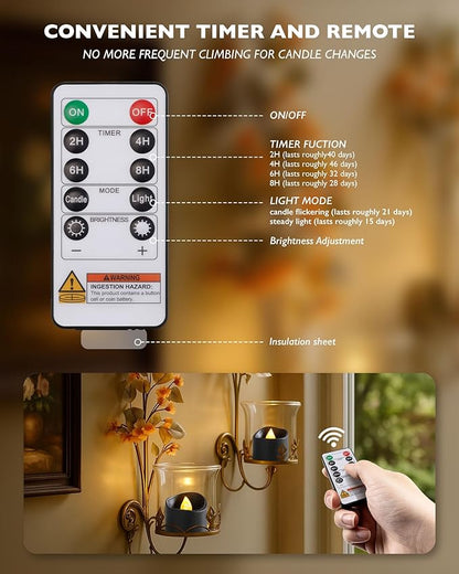 Homemory 12pcs Black Remote Timer LED Tea Lights Candles, 400+Hours Flickering Flameless Battery Votive Tealights for Tabletop Lighting, Centerpieces Decor, Holiday, Warm White Glow