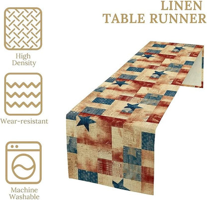 4th of July Table Runner, Rustic Vintage Country Red White Blue American Stars Independence Day Print Table Cover for Farmhouse Kitchen Dining Table Decor, 13x90inch
