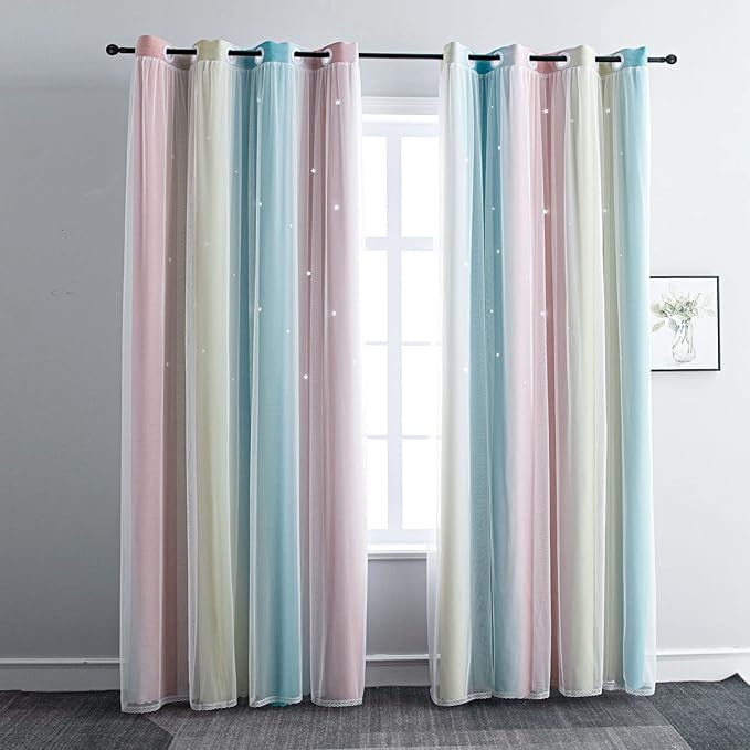 FANLI Ombre Rainbow Blackout Curtains for Kid Girls Bedroom Living Room Darking Stripe Double Layer Star Cut Out Wall Home Decor Gradient Grommet Window Curtains (Pink/Blue, 52W x 63L)