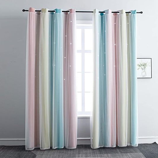 FANLI Ombre Rainbow Blackout Curtains for Kid Girls Bedroom Living Room Darking Stripe Double Layer Star Cut Out Wall Home Decor Gradient Grommet Window Curtains (Pink/Blue, 52W x 84L)