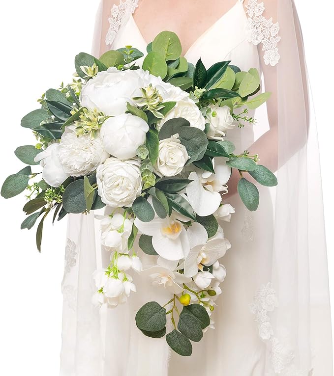 Ling's moment White Bridal Bouquet Cascading, White Wedding Bouquets for Bride, 13 Inch Ivory Bride Bouquets for Wedding Artificial Flowers Bouquets