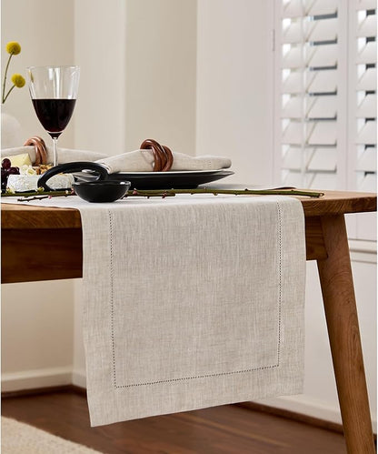 Solino Home Linen Light Natural Table Runner 36 Inches - Classic Hemstitch, 100% Pure Linen Coffee Table Runner 14 x 36 Inch Ideal for Dresser Tables - Fall, Autumn, Halloween, Thanksgiving, Christmas