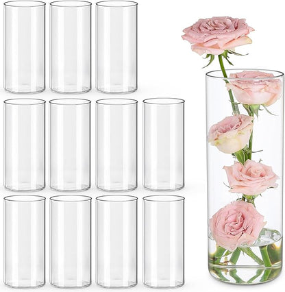 12pcs Glass Cylinder Vases for Centerpieces | 8 Inch Clear Flower Vase for Wedding Decorations, Floating Candle vases for Dinner Table, Bridal Shower, Office Home Décor