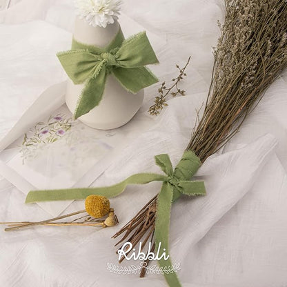 Ribbli 3 Rolls Sage Green Ribbon 1.5 Inch x 18Yards Handmade Cotton Frayed Fringe Ribbons for Gift Wrapping Wedding Invites Bridal Bouquets Baby Shower DIY Crafts Home Decor