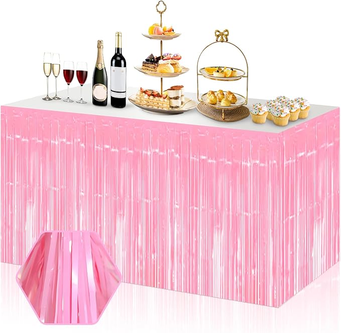 3 Pack 29x108 Inch Macaron Pink Foil Fringe Table Skirts Metallic Banner for Tinsel Streamer Garland Backdrop for Parade Floats Wedding Thanksgiving Birthday Christmas Halloween Party Decoration