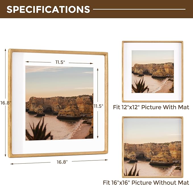 16x16 Picture Frame USA-Sourced Natural White Oak Wood Solid Original Wood Photo Frame Rounded Corner with Mat to 12x12 Picture Display with Real Glass Family, Wedding Picture, Photo, Certificate