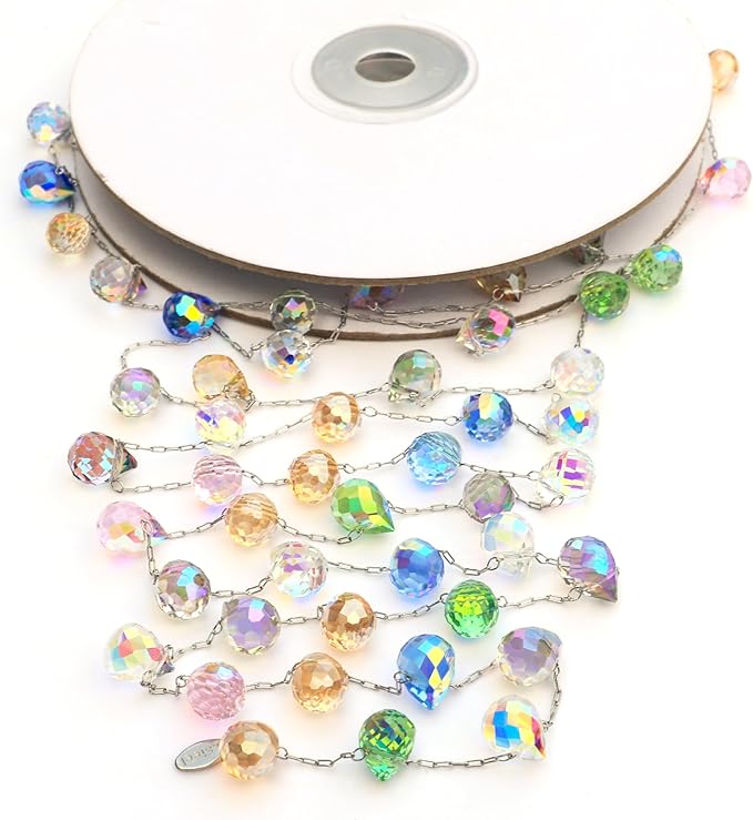 Christmas Garland, 9.8Ft Crystal Glass Beads Strands, 100pcs 10mm Faceted Waterdrop Glass Beads Hanging Ornament for Christmas Tree Centerpieces Wedding Party Decorations (Multicolor)