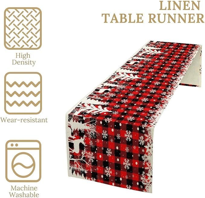Christmas Table Runner,Red Black Plaid Xmas Snowflakes Deer Trees Print Tablecloth Burlap for Hotel Indoors Outdoor Dining Room Kitchen Home Decor,W13X L108 in