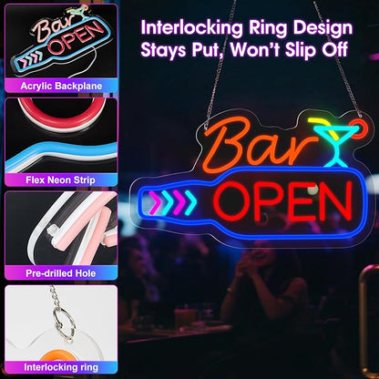 Bar Open Neon Sign, Super Bright 16''x 9'' Dimmable USB Powered LED Open Signs for Business Wall Decor Bar Pub Party, LED Light up Beer Signs