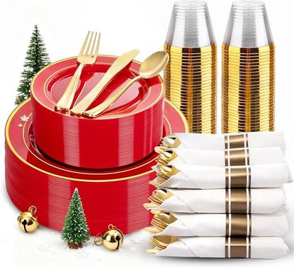 175 Pieces Christmas Plastic Plates - Red Plastic Plates with Gold Rim Include 25 Dinner Plate 10”, 25 Dessert Plate 7”, 25 gold Cups 9 OZ, 25 Pre Rolled Napkins for Christmas/Party