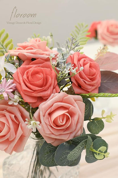 Floroom Artificial Flowers 50pcs Real Looking Mixed Living Coral Foam Fake Roses with Stems for DIY Wedding Bouquets Bridal Shower Centerpieces Floral Arrangements Party Tables Home Decorations