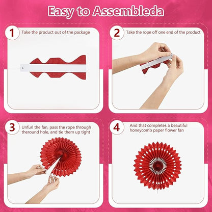 20 Pcs Rose Red Hanging Paper Fan, Hanging Honeycomb Round Paper Fans for Weddings, Birthdays, Easter, Baby Showers, Classroom, Events Ceiling Party Supplies Decorations