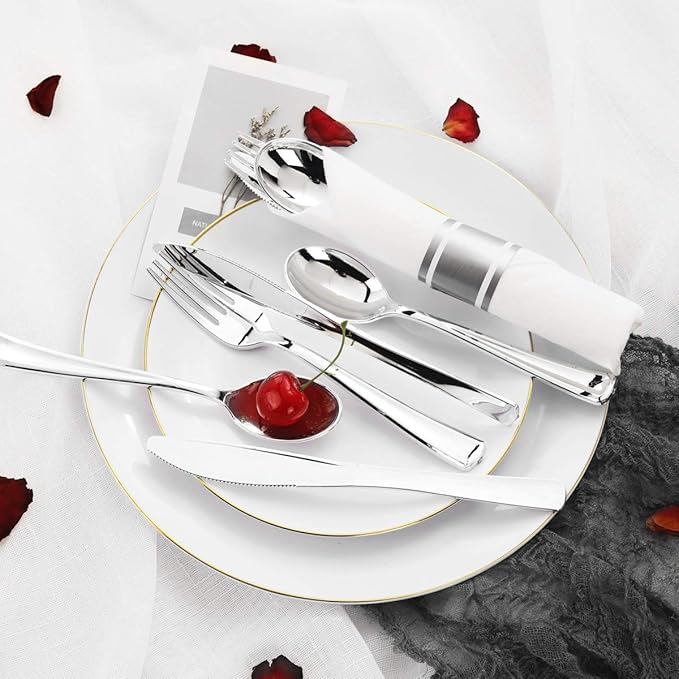 Supernal 60 Pack Silver Plastic Silverware,Pre Rolled Silverware,Premium Disposable Silver Cutlery,Suit for Wedding,Catering Event,Birthday,Party