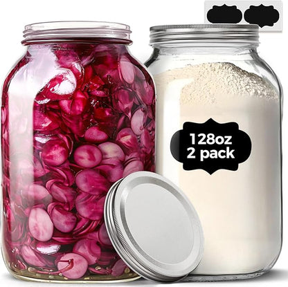 ComSaf 1 Gallon Wide Mouth Mason Jars 2 Pcs, 128 oz Glass Jars with Lids, Flour Sugar Storage Containers, Large Glass Containers for Pickles, Fermented Food, Sourdough Starter, Food Storage
