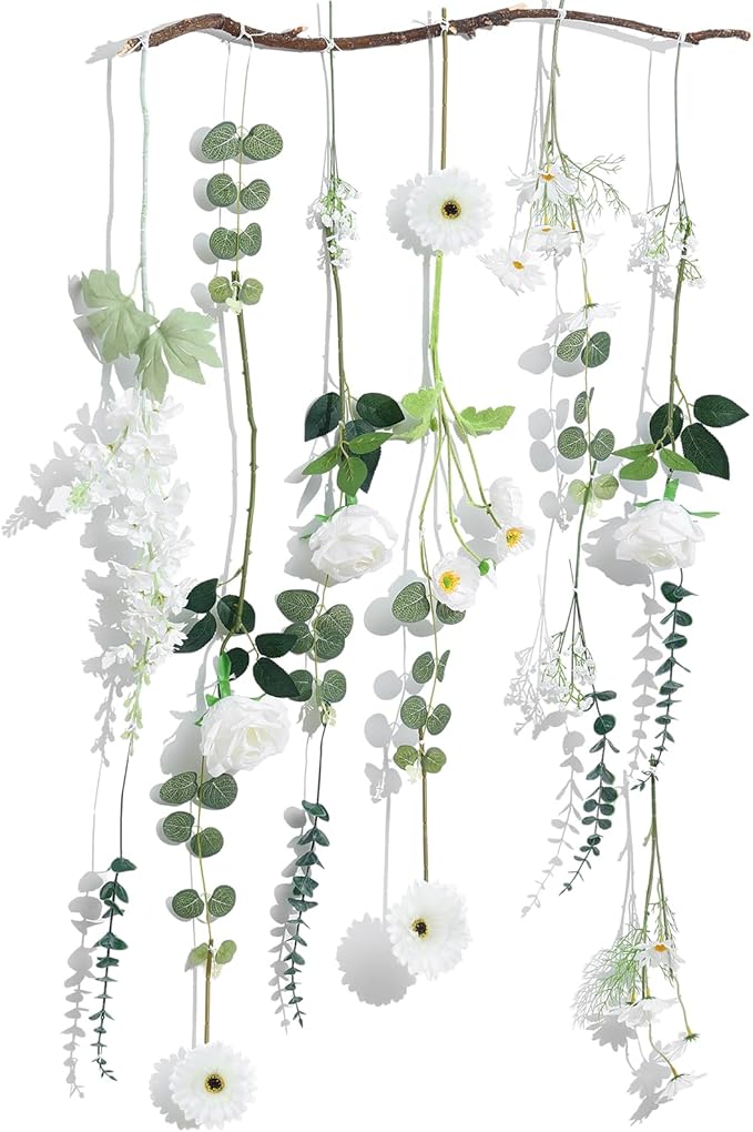 Hoteam 26 Pcs DIY Flower Garland Artificial Hanging Wildflower Backdrop Set Fake Rose Eucalyptus Daisy Poppy Wild Flower Decor for Wedding Party Birthday Home Garden (White)