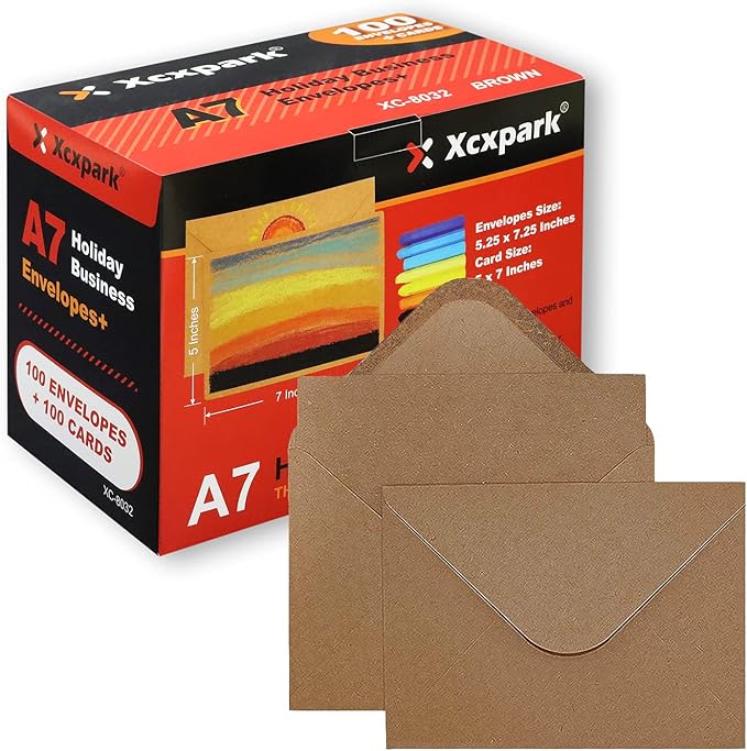 100 Qty 5.25 x 7.25 inches Printable A7 Invitation Envelopes & 100 Qty Flat Cards, Self Seal 120GSM Brown Kraft Paper Envelopes for Invitations, Papers, Photos, Documents, Wedding