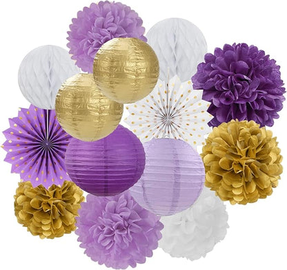 Purple-Gold Party Decorations Streamers Lanterns - 14pcs White Lavender Paper Fan Graduation Woman Birthday Wedding Bridal Shower Tissue Pom Poms,Honeycomb Balls Decor Ouruola
