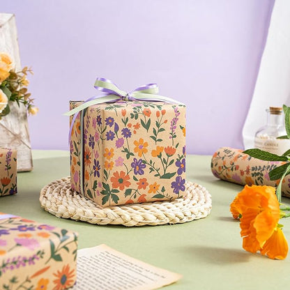 WRAPAHOLIC Kraft Floral Wrapping Paper Roll - Mini Roll - 17 Inch x 9.8 Feet - Vintage Flower Wrapping Paper, Perfect for Wedding, Birthday, Bridal Shower, Tea Party