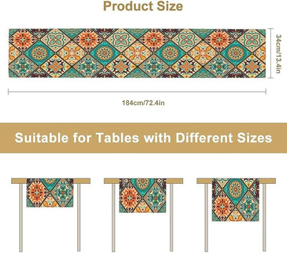 Bohemian Patchwork Table Runnerboho Colorful Tile Patchwork Indian Floral Print Table Runner for Home Kitchen Indoor Outdoor Party Wedding Decor, 13x60inch