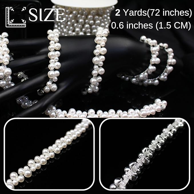 2 Yard Pearl Trim Chain String Silver Applique Fringe Ribbon Strips Beads Sewing Dress DIY Party Wedding Bouquet for Decoration Bridal Costume Embellishment