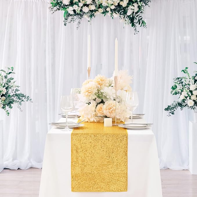 Sequin Table Runners 5 Pieces Gold Table Runners 12x72 Inch Glitter Dining Table Cover for Party Wedding Birthday Reception Banquet Decoration Spring Party Chair Sashes