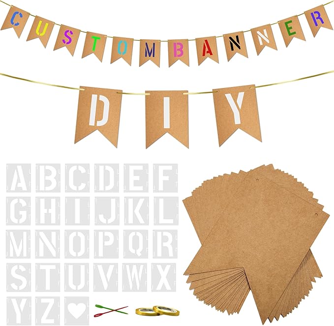 20 PCS DIY Custom Banner Set with Letter Stencils Ribbon, Customizable Party Sign Kit Blank Banner for Events Decoration Brown