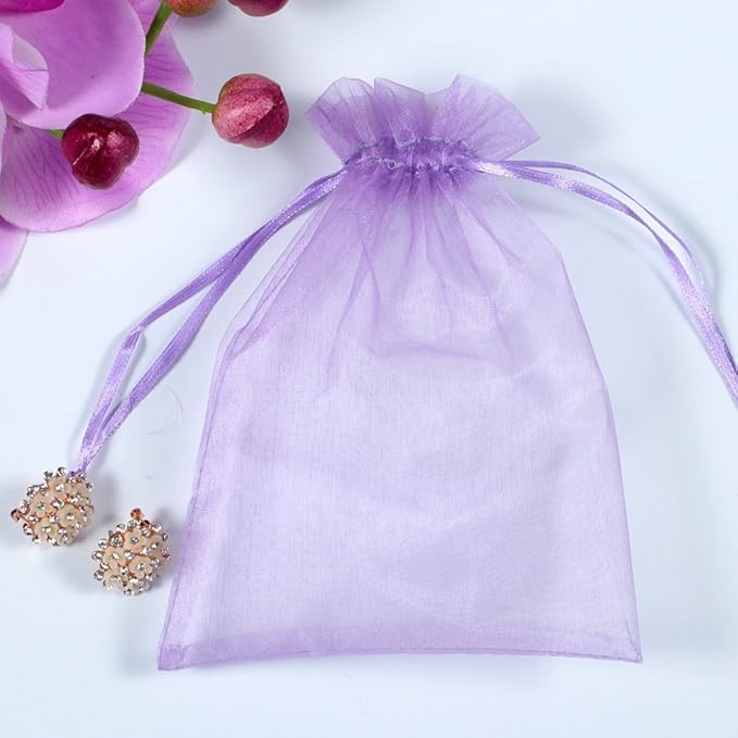 Wudygirl 100pcs Sheer Organza Bag 5 x 7 Inch Lavender Drawstring Transparent Jewelry Pouches Lipstick Baby Shower Party Wedding Holidays Favor Candy Bags(Lilac 5x7'')