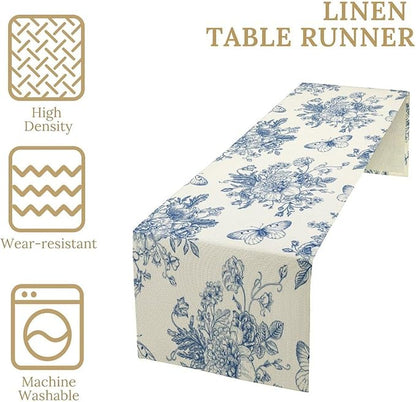 Monochrome Sketch Flowers Table Runner, Seasonal Spring Fall Plants Blue Florals Butterfly Dinner Runner for Home Kitchen Dining Table Party Holiday Decoration 13"x108"