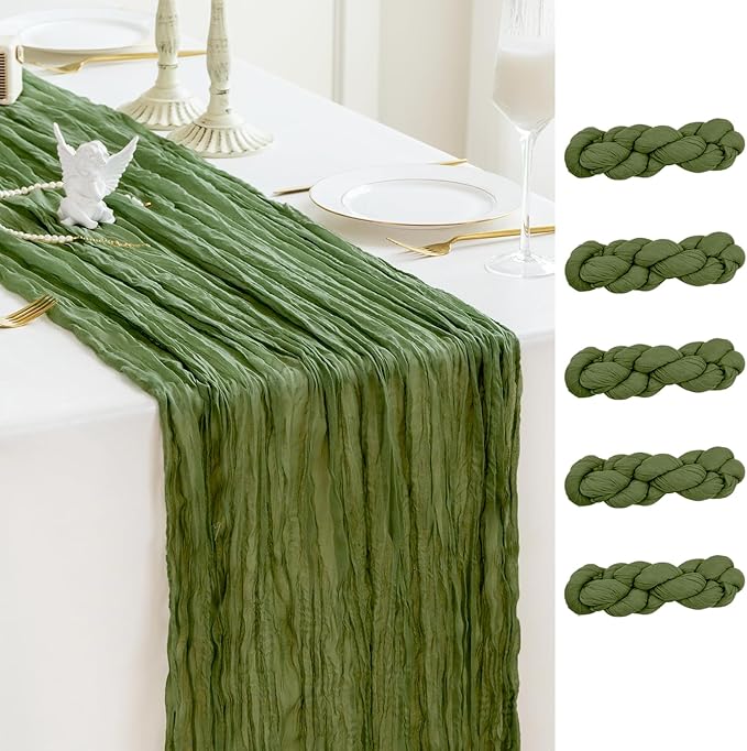 Sioloc 5 Pack Moss Green Cheesecloth Table Runner Fall Autumn Decor for Home 10ft Table Cloth for Tea Wedding Birthday Party Baby Bridal Shower Halloween Thanksgiving