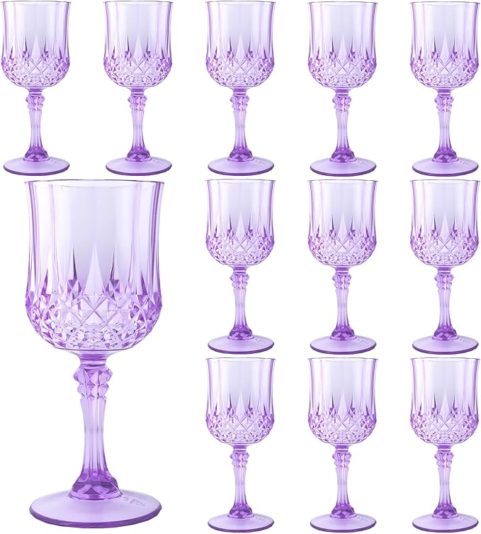 Plastic Wine Glasses，Plastic Goblets Vintage Style Cordial Drinking Glasses for Wedding Reception, Grand Event Party Supplies (12, Purple)