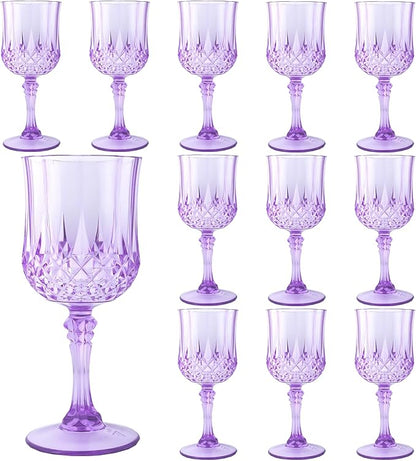Plastic Wine Glasses，Plastic Goblets Vintage Style Cordial Drinking Glasses for Wedding Reception, Grand Event Party Supplies (12, Purple)