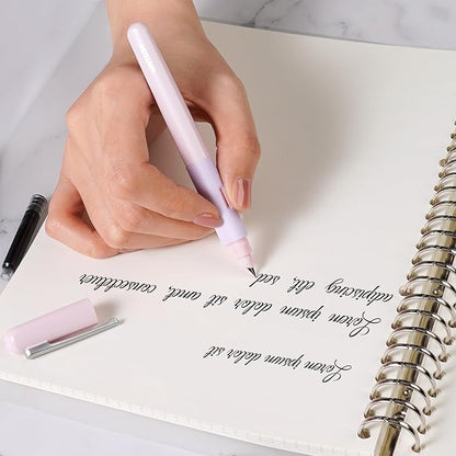 WRITECH Fountain Pen Soft Grip: Fine Nib Black Ink Pen with 3 Ink Cartridges and 1 Replacement Nib Set Smooth Writing for Journaling Calligraphy Gift (Pink)