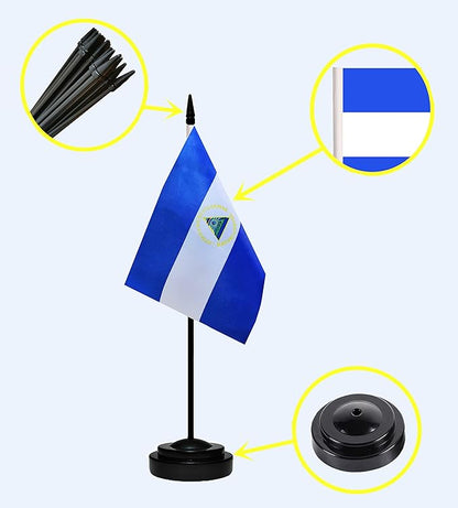 Nicaragua Nicaraguan Deluxe Desk Flag Set Small Mini Miniature Nicaragua Nicaraguan Table Desktop Flags With Solid Pole, Black Base and Spear Top(2 Pack)