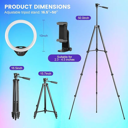 Sensyne 10'' RGB Ring Light with 50'' Extendable Tripod Stand, Circle Lights with Phone Holder for Live Stream/Makeup/YouTube Video/TikTok, Compatible with All Phones